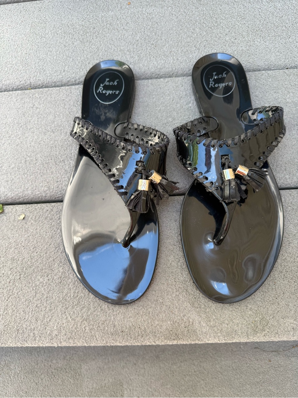 Jack Rogers Black Patent Tassel Thong Sandals with Gold Accents